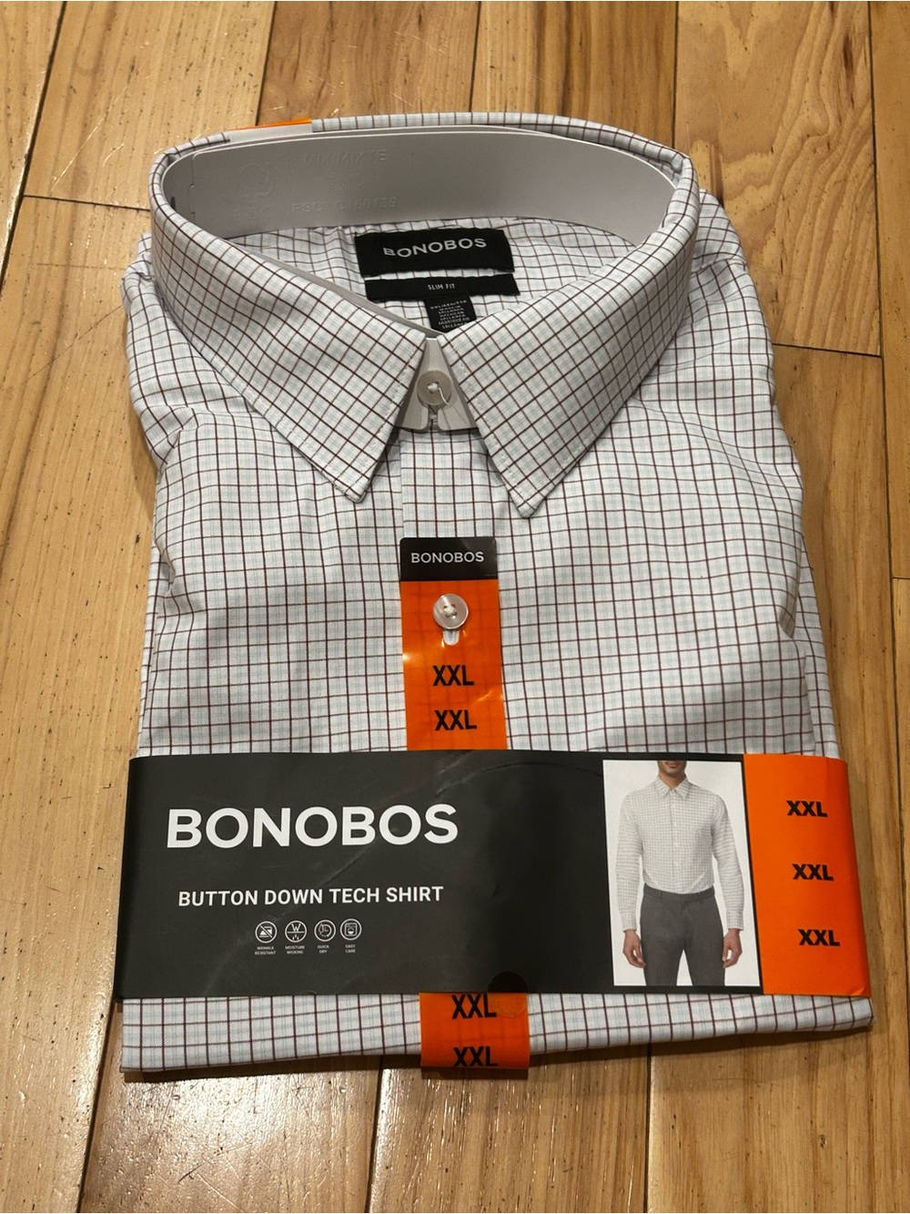 NWT Bonobos Button Down Tech Long Sleeve White & Brown Plaid Dress Shirt - XXL